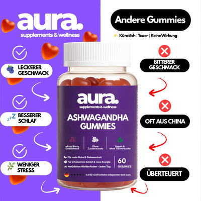 Aura™ Ashwagandha Gummies – Ruhe, Fokus & besserer Schlaf in 2 leckeren Gummies | 60Stk.